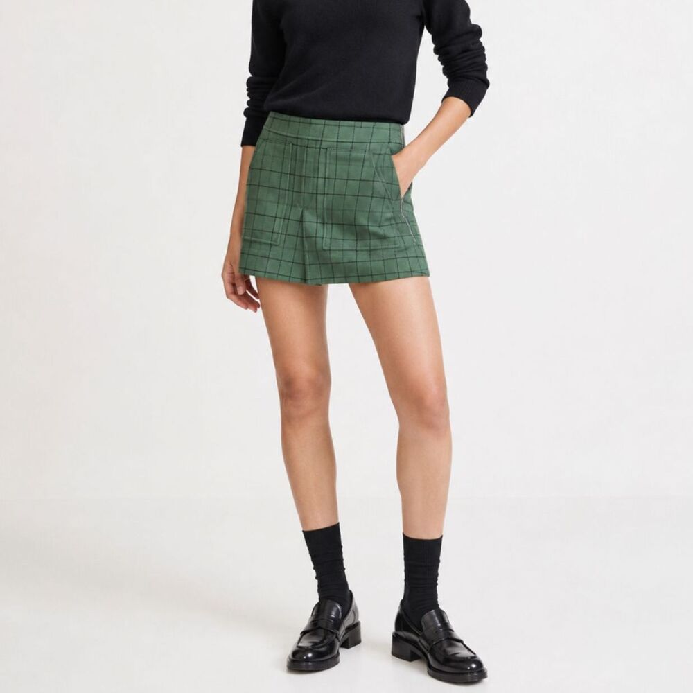 Tibi Green Windowpane Plaid Tailored Cargo Skort Wool Blend Mini Size 0 NWOT
